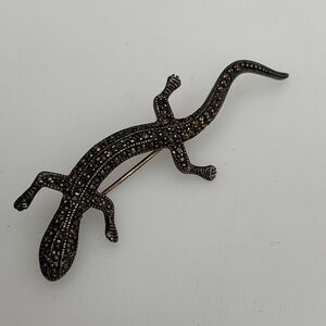 Vintage Sterling Silver Marcasite Lizard Brooch-Black and Gold Lizard